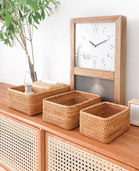 Rectangular Storage Basket for Living Room, Small Kitchen Storage Baskets, Woven Storage Baskets, Rattan Storage Baskets for Shelves-Silvia Home Craft