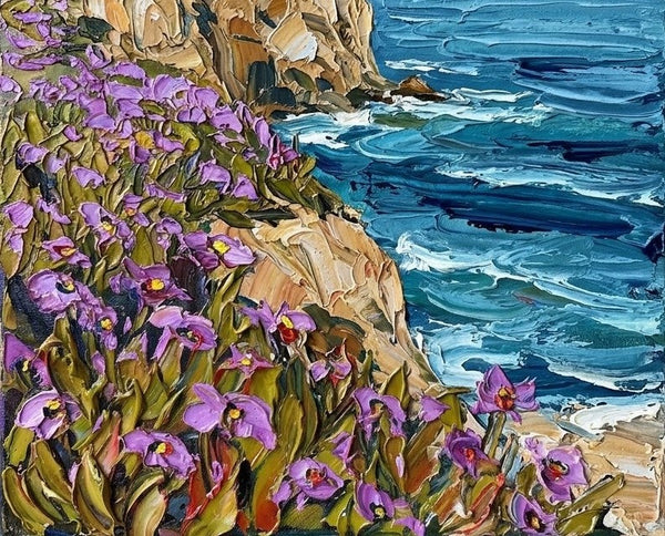 Original Seashore Paintings, Purple Blooms on the Cliff Edge, Heavy Texture Paintings on Canvas, Small Canvas Artwork for Sale