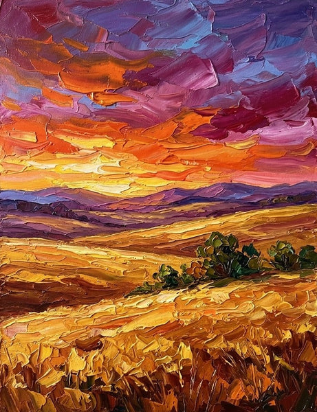 Sunset Glow Over the Vast Plains, Small Canvas Artwork for Sale, Impasto Painting, Original Canvas Paintings