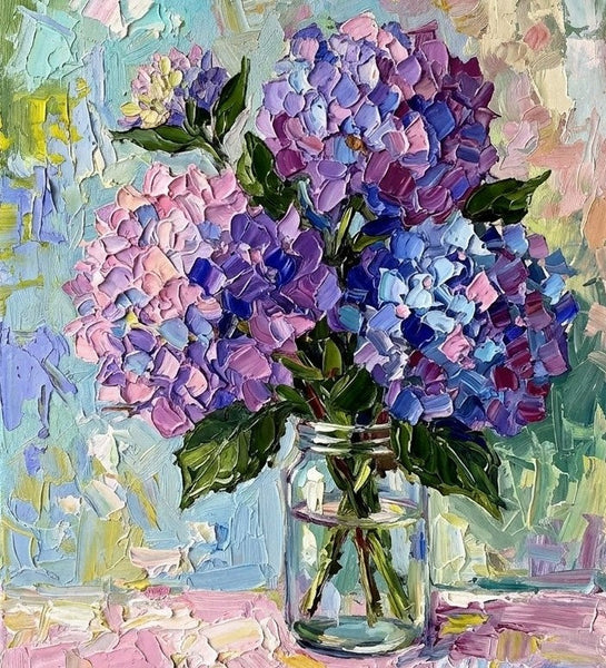 Original Flower Paintings, Blue and Purple Hydrangea Flowers in Glass Vase, Small Canvas Artwork, Impasto Canvas Artwork, Original Oil Paintings