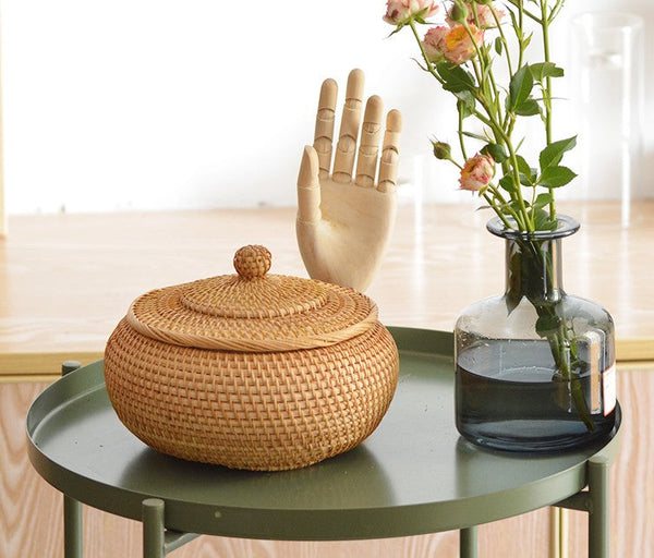 Rattan Storage Basket for Kitchen, Storage Basket for Picnic, Small Storage Baskets, Round Storage Basket with Lid, Woven Storage Baskets-Silvia Home Craft