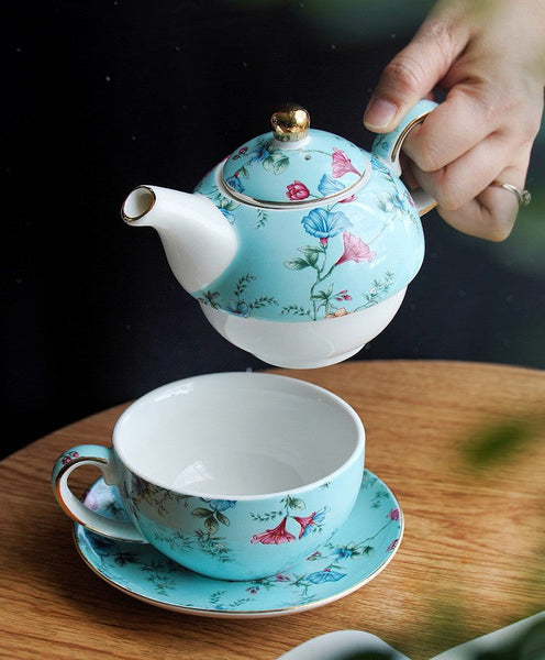 Stackable Teapot and Cup Set, Ceramic Tea Pot with Integrated Cup, Porcelain Teapot with Matching Cup and Saucer in Gift Box, Mother and Baby Teapot with Matching Saucer-Silvia Home Craft