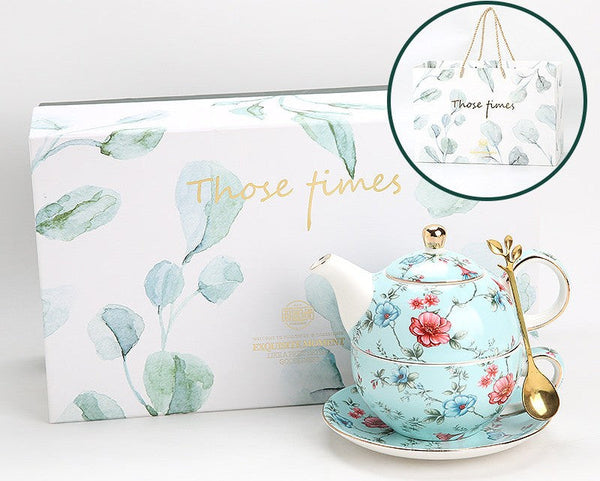 Stackable Teapot and Cup Set, Ceramic Tea Pot with Integrated Cup, Porcelain Teapot with Matching Cup and Saucer in Gift Box, Mother and Baby Teapot with Matching Saucer-Silvia Home Craft