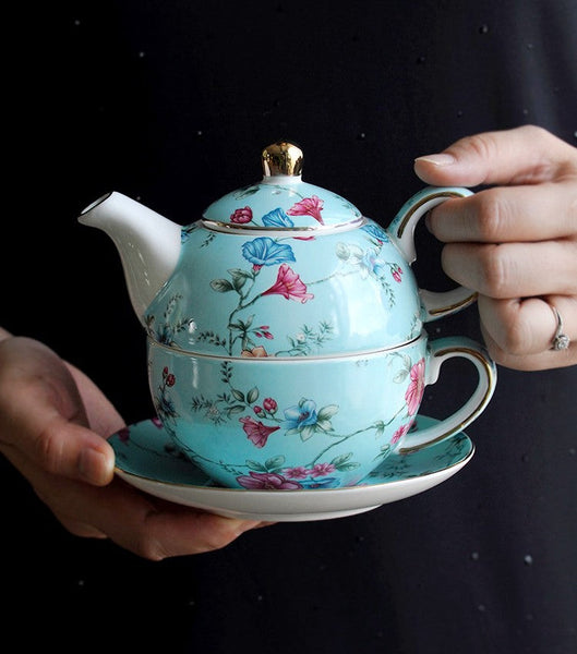 Stackable Teapot and Cup Set, Ceramic Tea Pot with Integrated Cup, Porcelain Teapot with Matching Cup and Saucer in Gift Box, Mother and Baby Teapot with Matching Saucer-Silvia Home Craft