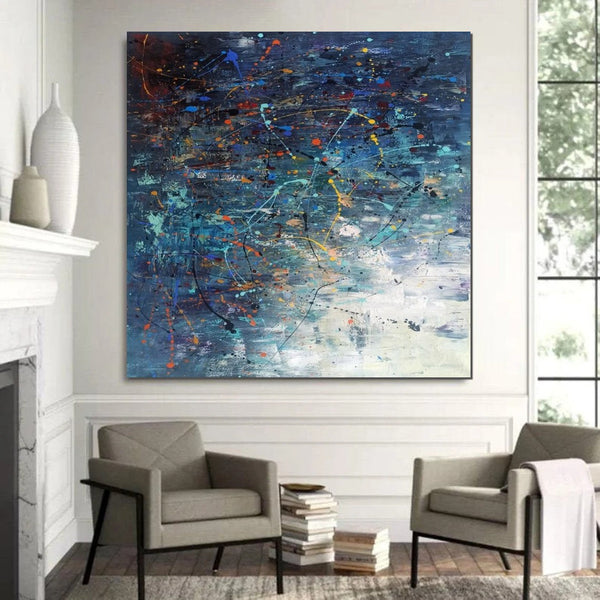 Modern Abstract Wall Art, Large Painting for Sale, Easy Painting Ideas for Living Room, Blue Acrylic Painting on Canvas, Huge Canvas Paintings-Silvia Home Craft