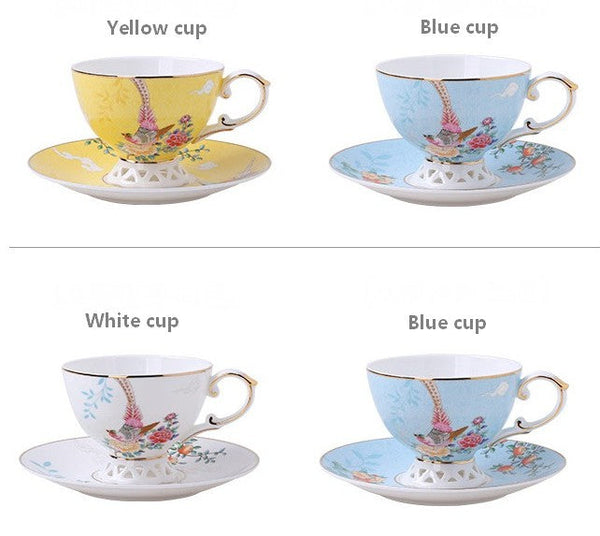 Elegant Oriental Pheasant Ceramic Cups, Beautiful Bird Pattern Tea Cups, 8 oz Porcelain Tea Cup Saucer Set of 2 Cups, Unique Tea Cup and Saucer in Gift Box-Silvia Home Craft