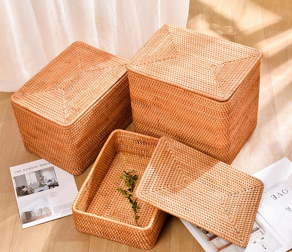 Large Storage Basket for Living Room, Storage Basket for Clothes, Woven Rattan Storage Baskets, Rectangular Storage Basket, Storage Basket with Lid-Silvia Home Craft