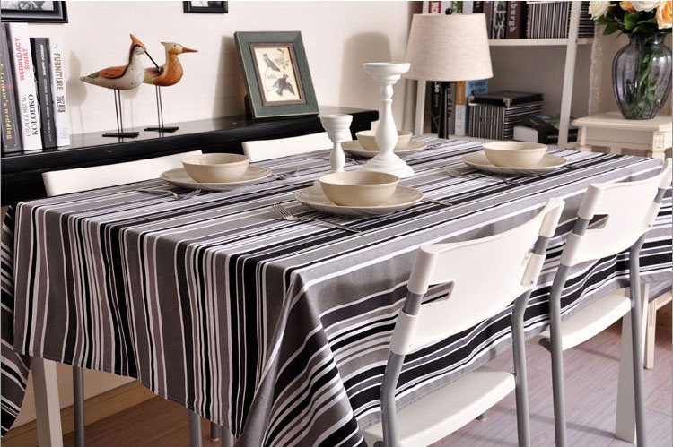 Black and White, Gray Stripe Sailcloth Tablecloth, Table Cloth, Dining Kitchen Table Cover-Silvia Home Craft