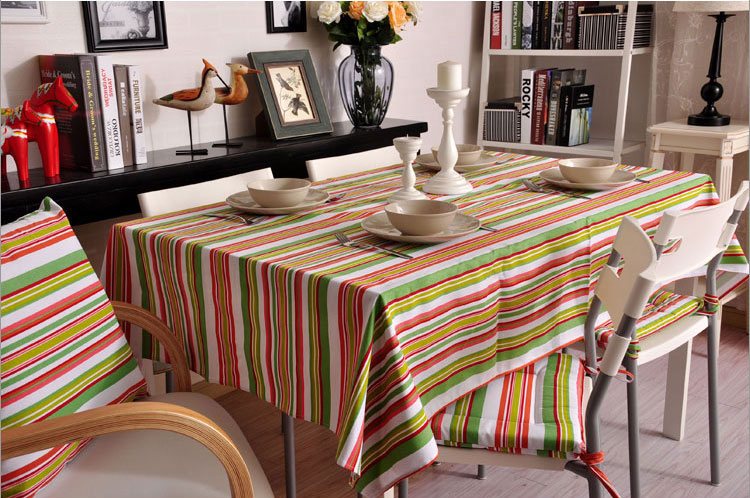 Spring Green Orange Stripe Sailcloth Tablecloth, Table Cloth, Dining Kitchen Table Cover-Silvia Home Craft