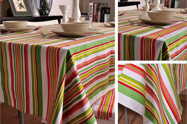 Spring Green Orange Stripe Sailcloth Tablecloth, Table Cloth, Dining Kitchen Table Cover-Silvia Home Craft