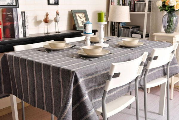 Dark Grey Stripe Linen Tablecloth, Rustic Table Cloth, Dining Kitchen Table Cover-Silvia Home Craft