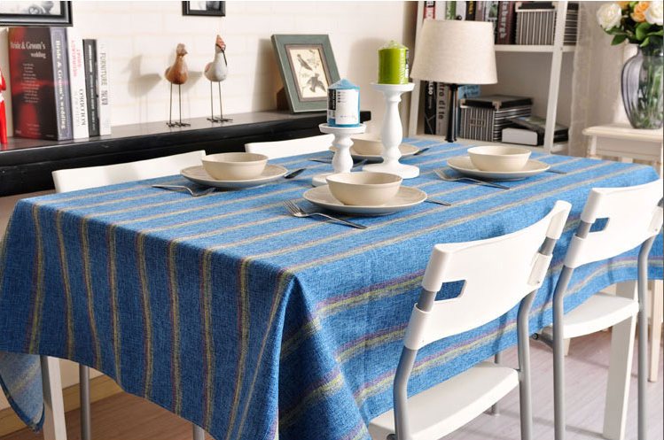 Blue Stripe Linen Tablecloth, Large Rectangle Table Cloth, Dining Kitchen Table Cover-Silvia Home Craft