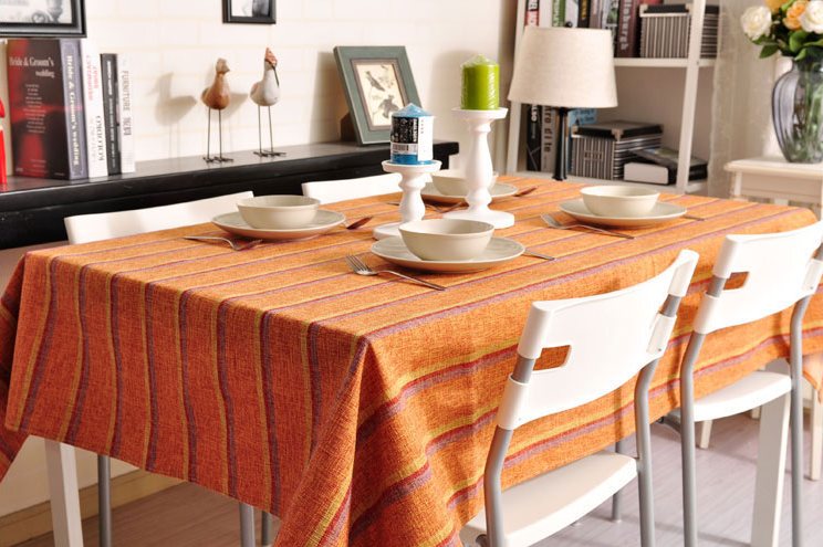 Orange Stripe Linen Tablecloth, Large Rectangle Table Cloth, Dining Kitchen Table Cover-Silvia Home Craft