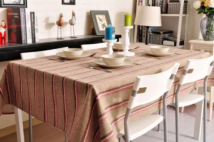 Khaki Stripe Linen Tablecloth, Large Rectangle Table Cloth, Dining Kitchen Table Cover-Silvia Home Craft
