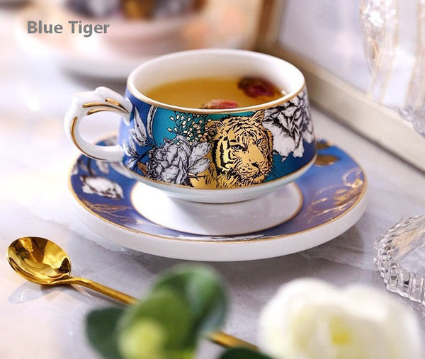 Handmade Ceramic Cups with Gold Trim and Gift Box, Jungle Tiger Cheetah Porcelain Coffee Cups, Creative Ceramic Tea Cups and Saucers-Silvia Home Craft