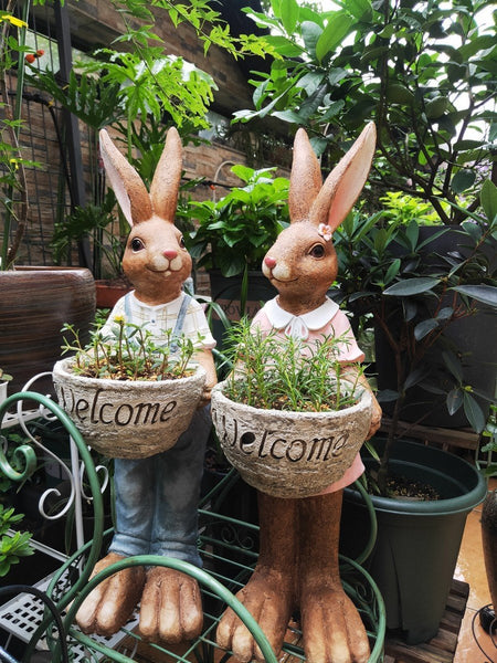 Garden Courtyard Ornament Ideas, Large Rabbit Lovers Statue for Garden, Bunny Flowerpot, Villa Outdoor Decor Gardening Ideas, Small Garden Design Ideas-Silvia Home Craft