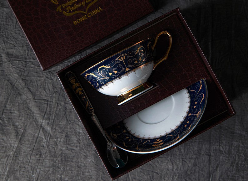 Unique Blue Tea Cup and Saucer in Gift Box, Blue Bone China Porcelain Tea Cup Set, Royal Ceramic Cups, Elegant Ceramic Coffee Cups-Silvia Home Craft