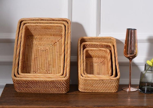 Woven Rectangular Basket for Shelves, Rattan Storage Basket, Storage Baskets for Bathroom, Woven Baskets for Living Room-Silvia Home Craft