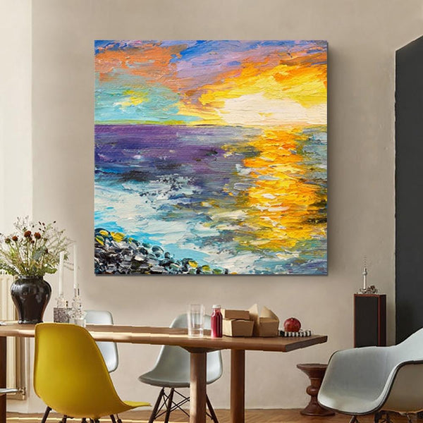 Seascape Sunrise Painting, Abstract Landscape Painting, Landscape Paintings for Living Room, Heavy Texture Wall Art Painting, Bedroom Wall Art Ideas-Silvia Home Craft
