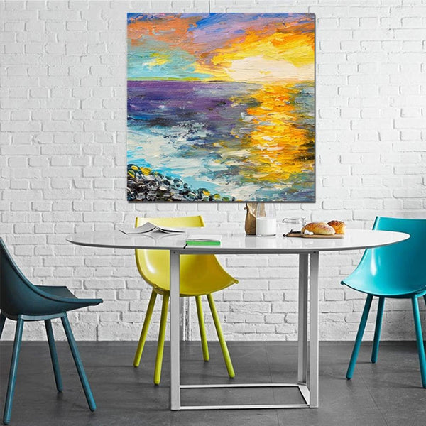 Seascape Sunrise Painting, Abstract Landscape Painting, Landscape Paintings for Living Room, Heavy Texture Wall Art Painting, Bedroom Wall Art Ideas-Silvia Home Craft