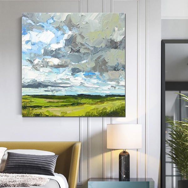 Abstract Landscape Painting, Grass Land under Sky Painting, Large Acrylic Paintings for Bedroom, Heavy Texture Canvas Art, Landscape Paintings for Living Room-Silvia Home Craft