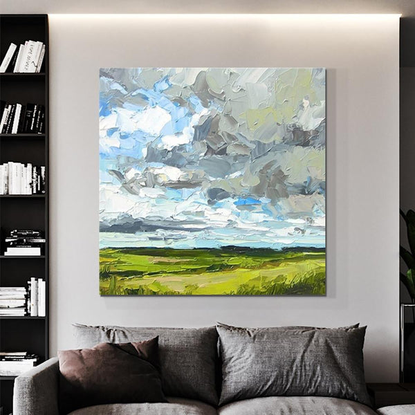 Abstract Landscape Painting, Grass Land under Sky Painting, Large Acrylic Paintings for Bedroom, Heavy Texture Canvas Art, Landscape Paintings for Living Room-Silvia Home Craft