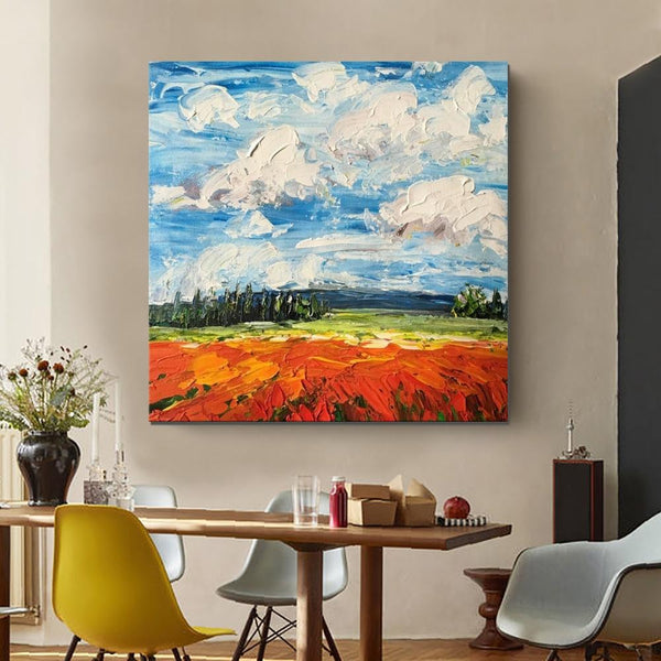 Red Poppy Field and Sky, Abstract Landscape Painting, Landscape Paintings for Living Room, Large Landscape Painting for Dining Room, Heavy Texture Painting-Silvia Home Craft
