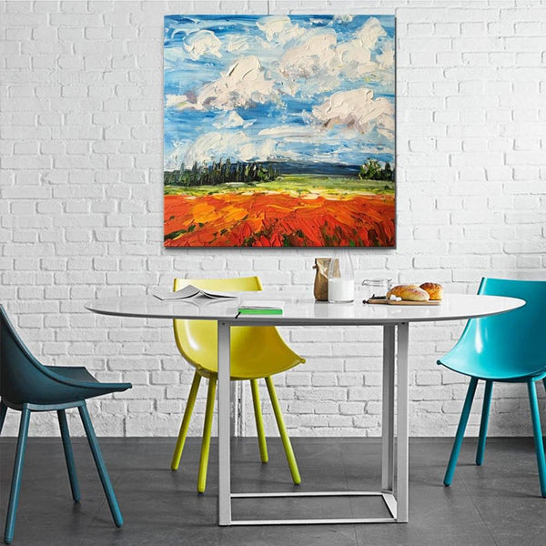 Red Poppy Field and Sky, Abstract Landscape Painting, Landscape Paintings for Living Room, Large Landscape Painting for Dining Room, Heavy Texture Painting-Silvia Home Craft