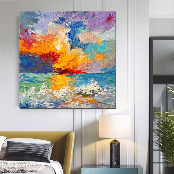 Abstract Landscape Painting, Seascape Sunrise Painting, Large Landscape Painting for Sale, Heavy Texture Art Painting, Landscape Paintings for Living Room-Silvia Home Craft