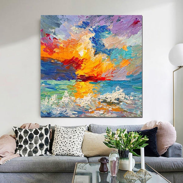 Abstract Landscape Painting, Seascape Sunrise Painting, Large Landscape Painting for Sale, Heavy Texture Art Painting, Landscape Paintings for Living Room-Silvia Home Craft