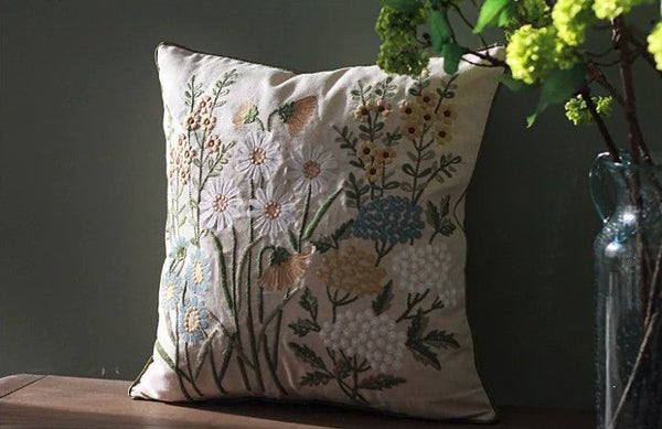Decorative Pillows for Sofa, Flower Decorative Throw Pillows, Embroider Flower Cotton Pillow Covers, Farmhouse Decorative Throw Pillows-Silvia Home Craft