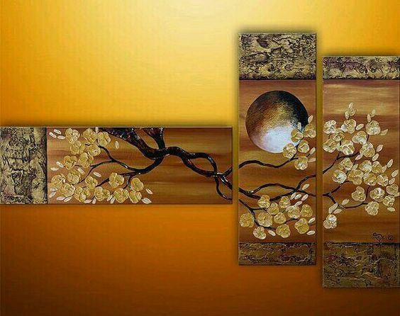 Flower and Moon Painting, Bedroom Wall Art, Abstract Painting, Acrylic Art, 3 Piece Wall Art-Silvia Home Craft