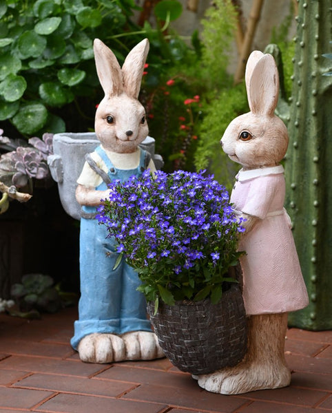 Large Rabbit Lovers Statue for Garden, Bunny Flowerpot, Garden Courtyard Ornament, Villa Outdoor Decor Gardening Ideas, Modern Garden Sculptures-Silvia Home Craft