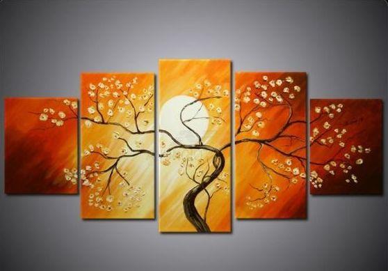 Flower Tree under Moon Painting, 5 Piece Canvas Art, Abstract Painting, Bedroom Canvas Painting-Silvia Home Craft