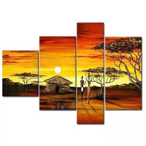 African Pinting, 4 Piece Canvas Art, Acrylic Painting for Sale, Large Landscape Painting, African Woman Village Sunset Painting-Silvia Home Craft