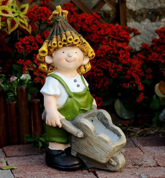 Large Boy Cart and Girl Carry Basket Statues, Flower Pot, Garden Courtyard Ornament, Gardening Ideas, House Warming Gift-Silvia Home Craft