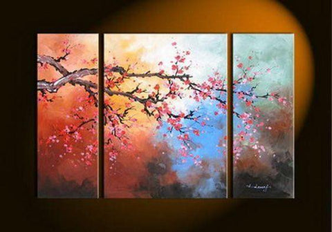Plum Tree Flower Painting, Bedroom Wall Art Paintings, Living Room Wall Art Ideas, 3 Piece Canvas Art, Flower Acrylic Paintings-Silvia Home Craft