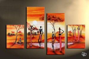 African Woman Painting, 4 Piece Canvas Art, Landscape Canvas Paintings, Hand Painted Canvas Art, Oil Painting for Sale-Silvia Home Craft