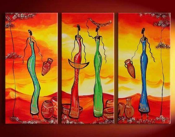 Abstract Painting, African Girl Acrylic Painting, Dining Room Wall Art, 3 Piece Art Painting-Silvia Home Craft