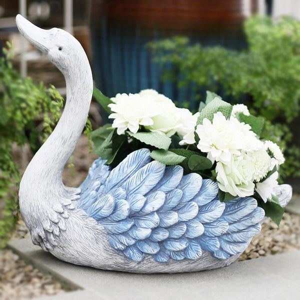 Outdoor Decoration Ideas, Garden Ideas, Blue Wing Swan Flower Pot, Animal Statue for Garden Ornament, Swan Lovers Statues, Villa Courtyard Decor-Silvia Home Craft