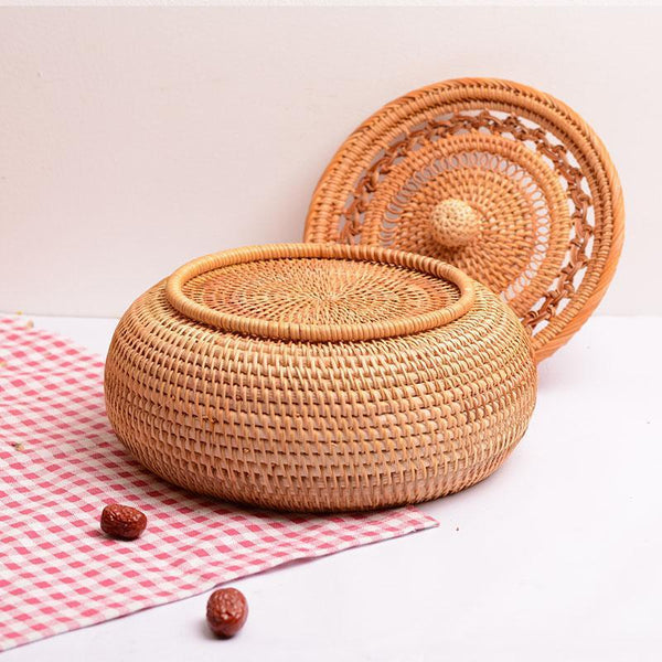 Woven Storage Basket with Lid, Rattan Round Storage Basket, Storage Basket for Kitchen, Picnic Storage Basket-Silvia Home Craft