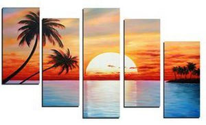 5 Piece Canvas Painting, Beach Palm Tree Sunset Painting, Landscape Canvas Painting, Acrylic Painting for Living Room-Silvia Home Craft