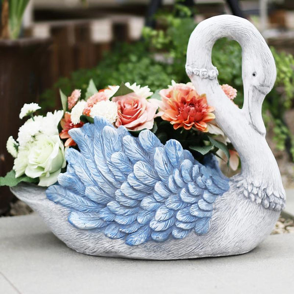 Large Blue Swan Flower Pot, Animal Statue for Garden Ornament, Swan Lovers Statues, Villa Courtyard Decor, Outdoor Decoration Ideas, Garden Ideas-Silvia Home Craft