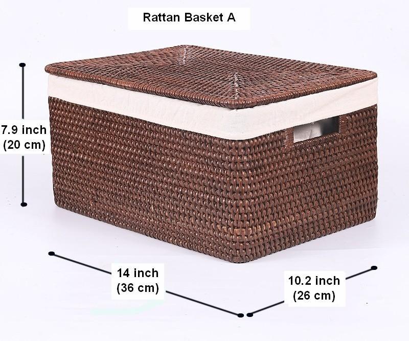 Storage Baskets for Clothes, Large Brown Rattan Storage Baskets, Storage Baskets for Bathroom, Rectangular Storage Baskets, Storage Basket with Lid-Silvia Home Craft