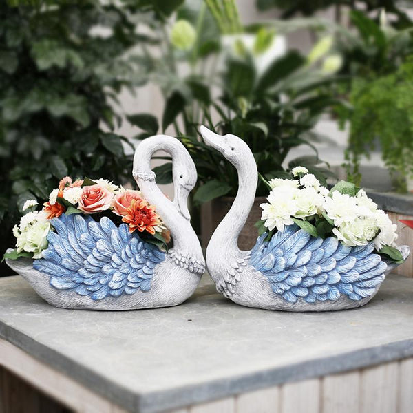 Outdoor Decoration Ideas, Garden Ideas, Blue Wing Swan Flower Pot, Animal Statue for Garden Ornament, Swan Lovers Statues, Villa Courtyard Decor-Silvia Home Craft