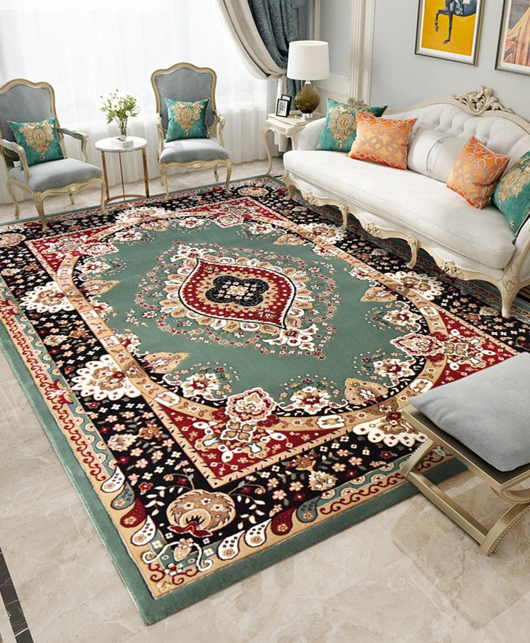 Large Oriental Floor Carpets under Dining Room Table, Luxury Thick and Soft Green Rugs for Living Room, Large Royal Flower Pattern Floor Rugs in Bedroom-Silvia Home Craft