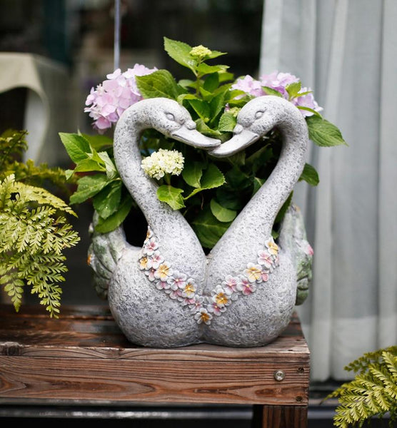 Extra Large Animal Statue for Garden Ornament, Swan Lovers Flower Pot, Swan Lovers Statues, Villa Courtyard Decor, Outdoor Decoration Ideas, Garden Ideas-Silvia Home Craft