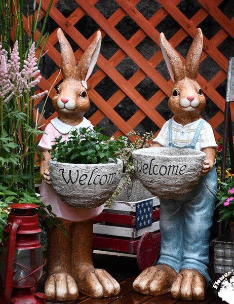 Large Rabbit Lovers Statue for Garden, Bunny Flowerpot, Garden Courtyard Ornament, Villa Outdoor Decor Gardening Ideas-Silvia Home Craft