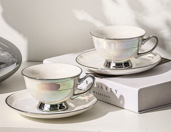 Silver Bone China Porcelain Tea Cup Set, Elegant Ceramic Coffee Cups, Beautiful British Tea Cups, Tea Cups and Saucers in Gift Box as Birthday Gift-Silvia Home Craft