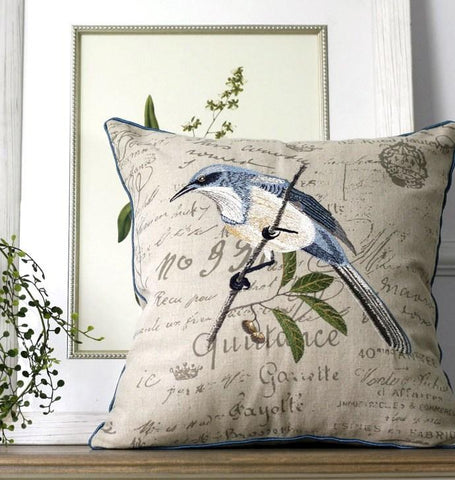 Decorative Throw Pillows for Couch, Bird Embroidery Pillows, Cotton and Linen Pillow Cover, Rustic Sofa Throw Pillows-Silvia Home Craft